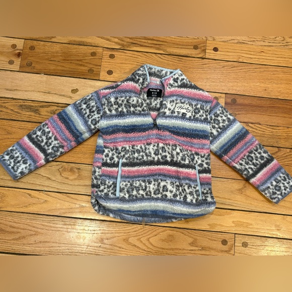 Hurley Girls 7/8 Sherpa pink leopard Striped Fleece pullover top - Picture 2 of 4